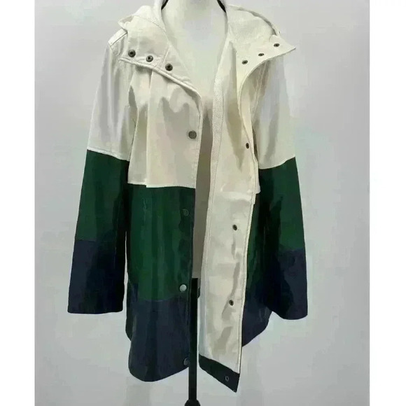 Lucky Brand Varsity Colorblock Rain Coat White, Green & Blue, Women's Size Large - Picture 2 of 9